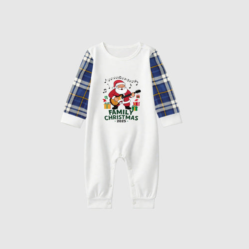 Christmas Family Matching Pajamas-Blue Raglan Top Blue Plaid Pants Pjs Set with Santa and "Merry Christmas" Print