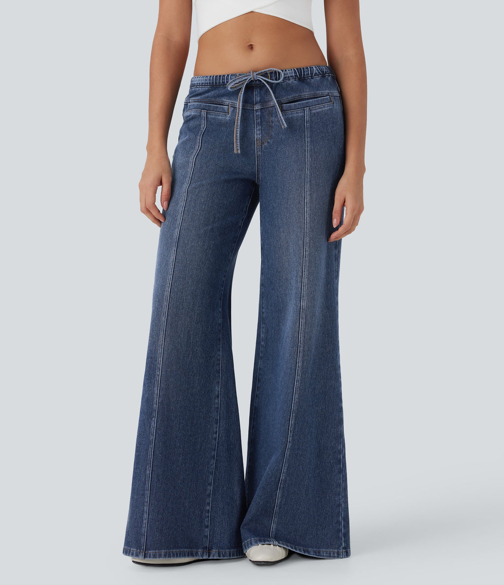 FlexTM Low Rise Drawstring Washed Casual Baggy Jeans with Pockets