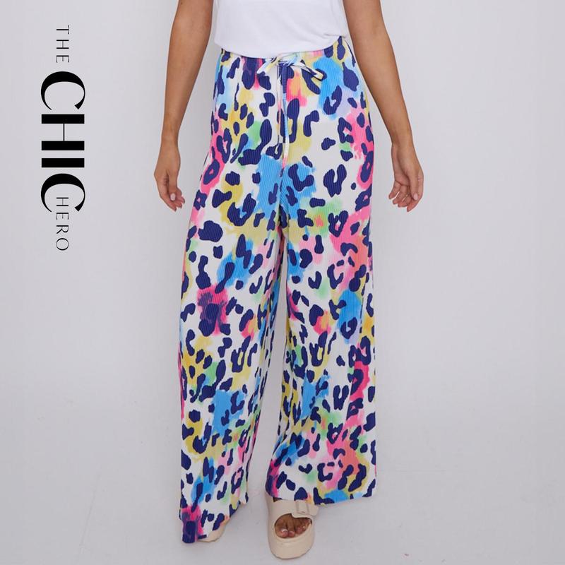 Colorful Leopard Print Abstract Print Wide-Leg Drawstring Palazzo Pleated Pants