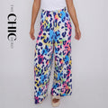 Colorful Leopard Print Abstract Print Wide-Leg Drawstring Palazzo Pleated Pants