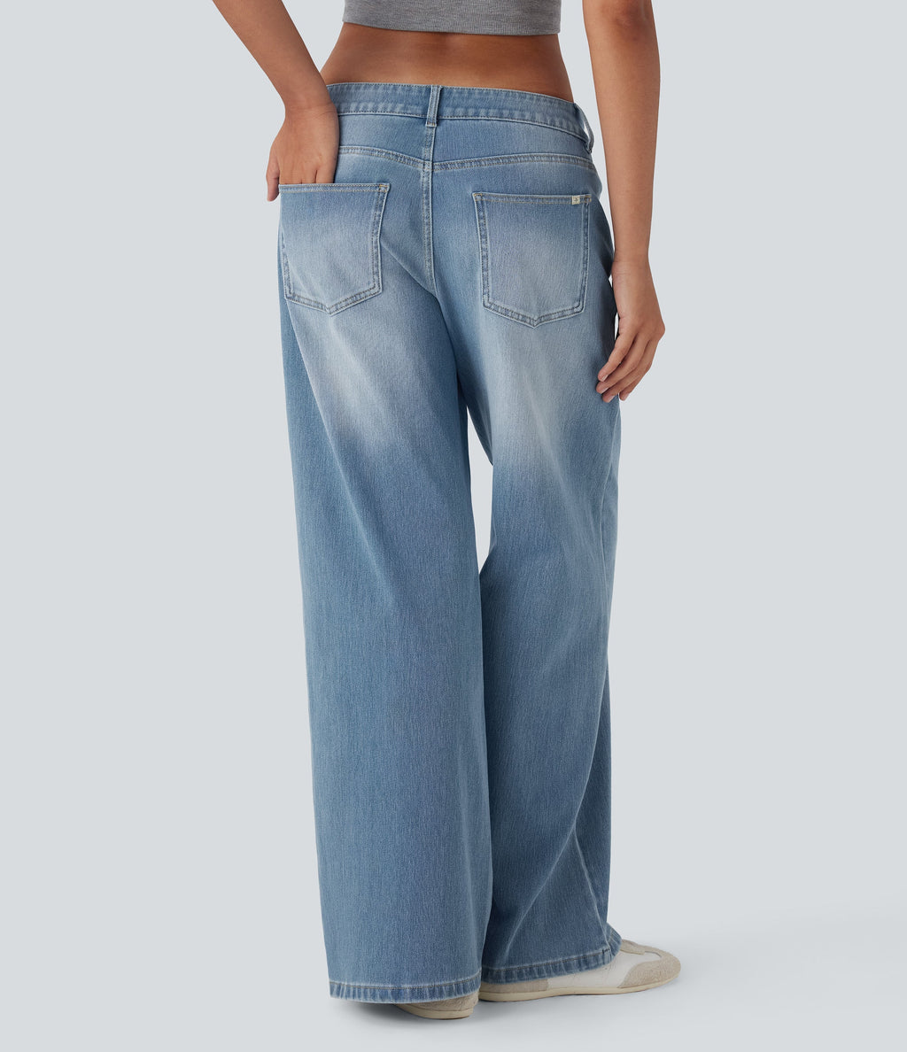 FlexTM Asymmetric Low Rise Zipper Pockets Baggy Wide Leg Washed Casual Jeans