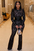 Sheer Lace Long Sleeve Cinch Waist Slim Fit Party Jumpsuit-Black