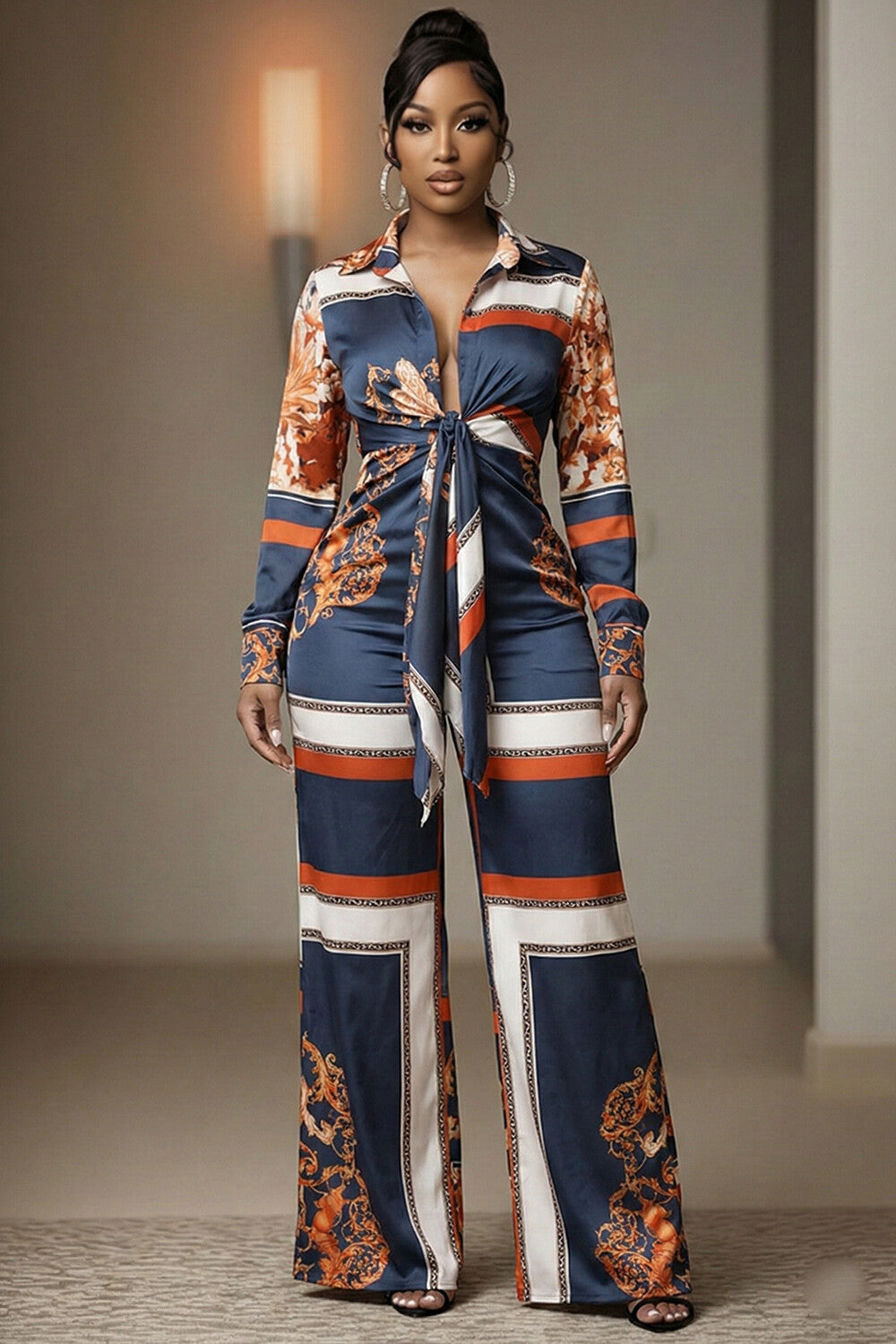 Long Sleeve Lace Up Wide Leg Floral Casual Jumpsuit-Multicolor