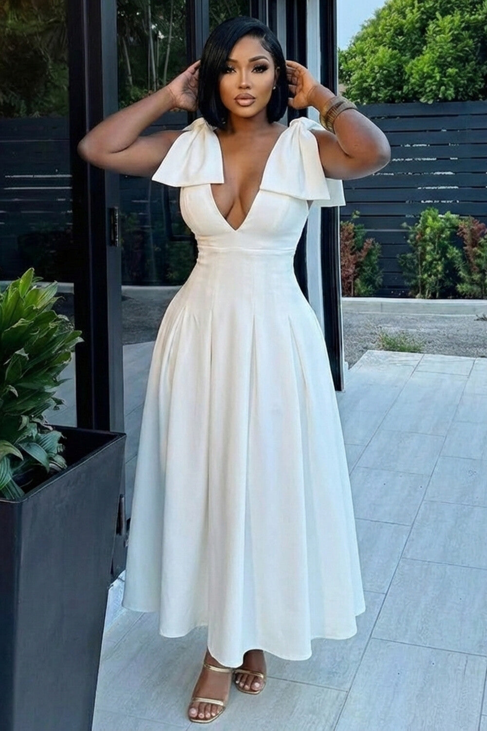 Deep V Neck Bow Cinch Waist Solid Color Cami Maxi Dresses-White