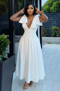 Deep V Neck Bow Cinch Waist Solid Color Cami Maxi Dresses-White