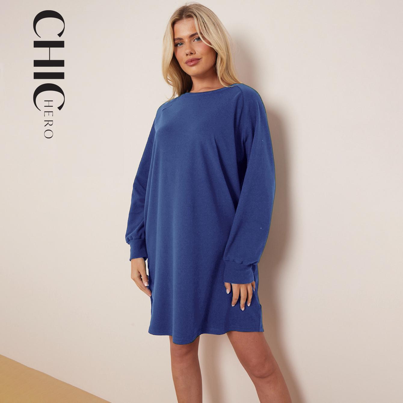 ChicHero Women's Long Sleeve Dress Brushed Jersey Casual Loose Fit Crewneck Raglan Dress Oversized Long Jersey Tops