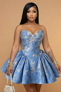 Strapless Sweetheart Neck Jacquard A-Line Gowns Mini Dresses-Blue