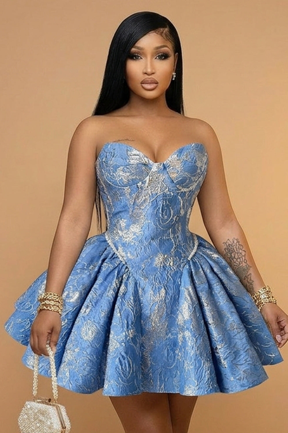 Strapless Sweetheart Neck Jacquard A-Line Gowns Mini Dresses-Blue