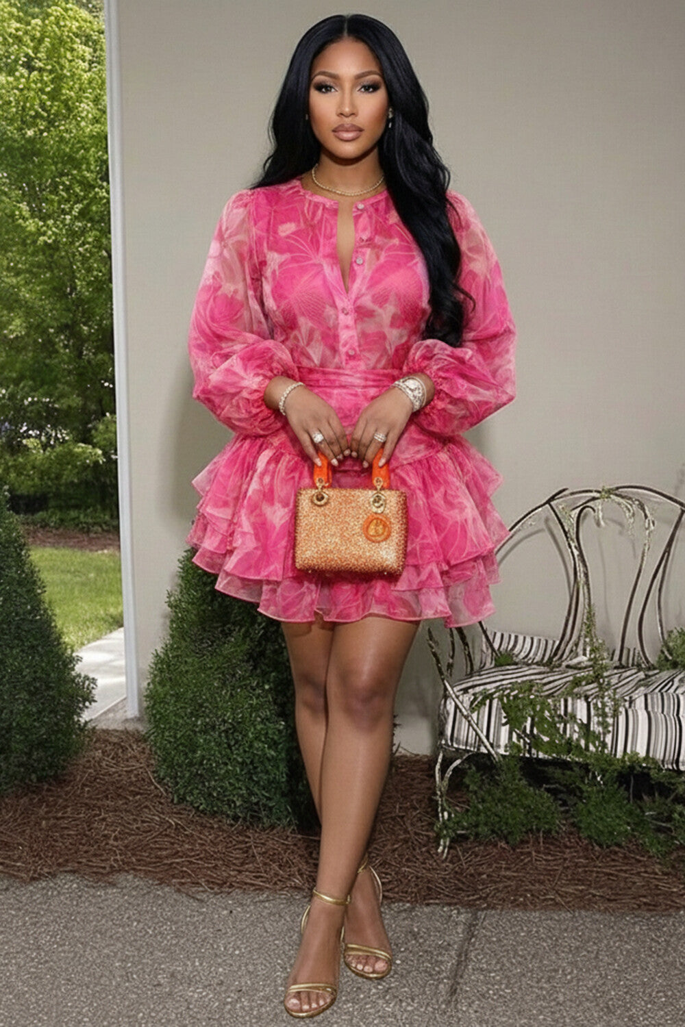 Round Neck Long Sleeve Floral Ruffle Vacation Mini Dresses-Pink