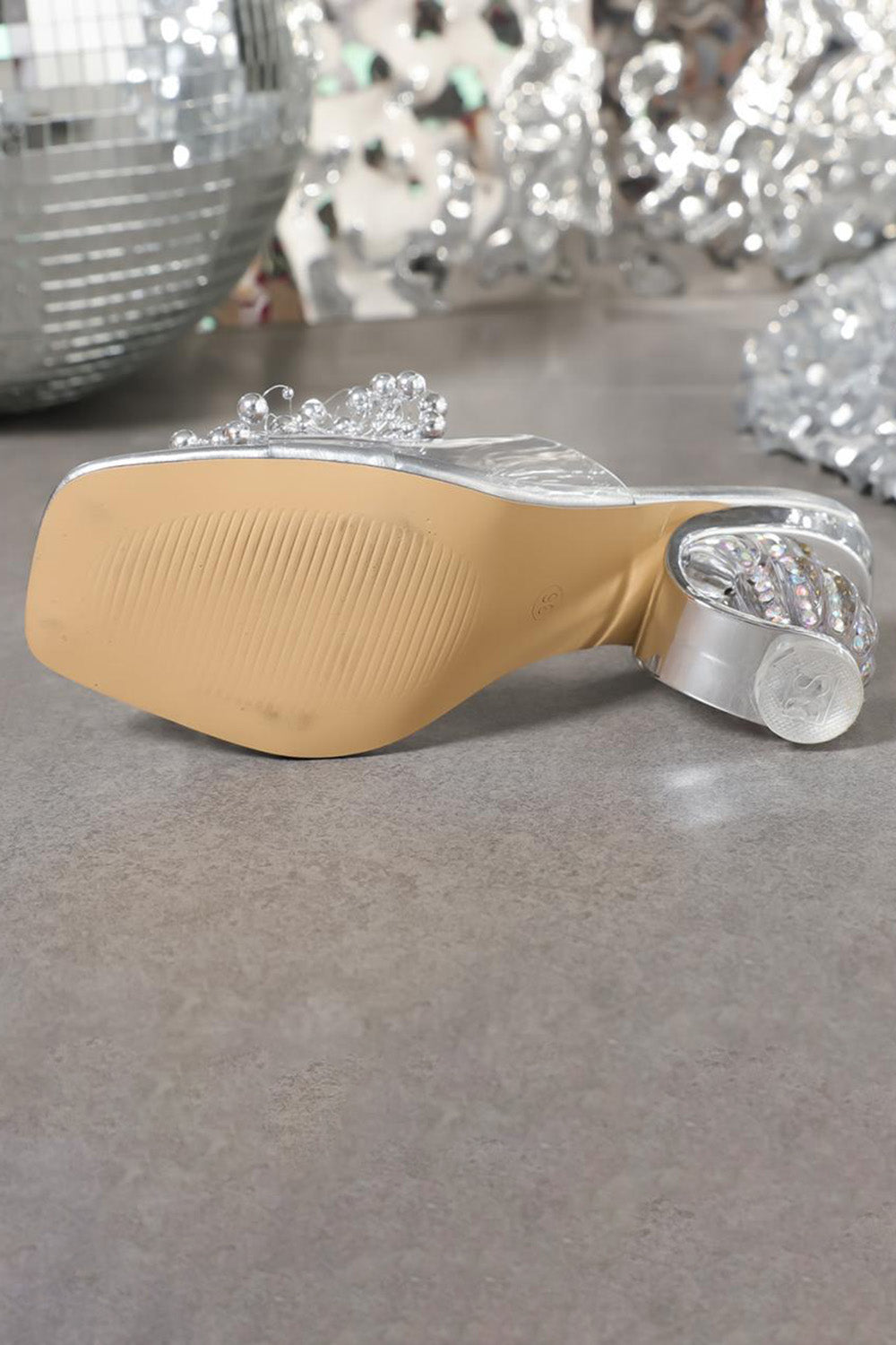 Rhinestone Flower Square Toe Slides Party Chunky Heels-Silver