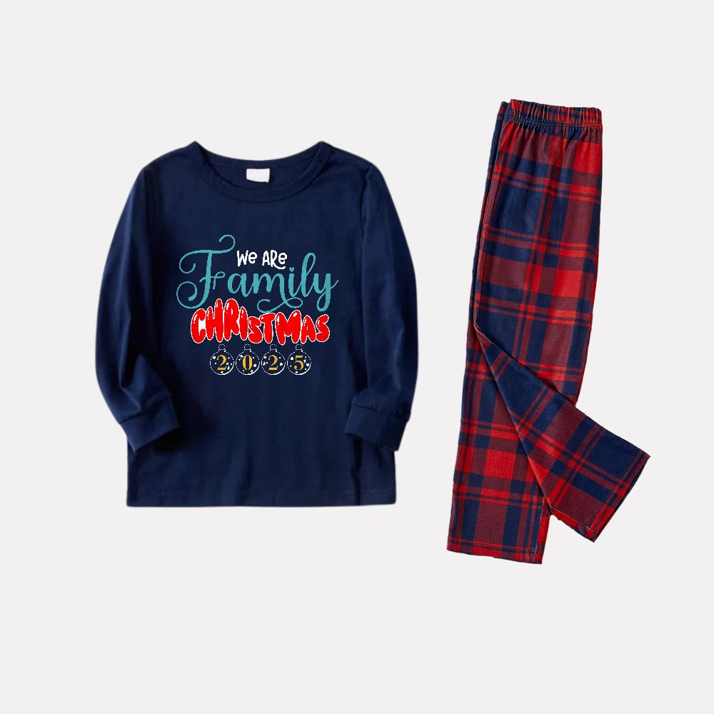 Christmas Family Matching Pajamas-Navy & Red Plaid Pjs Set with "We Are Family Christmas 2025" Print