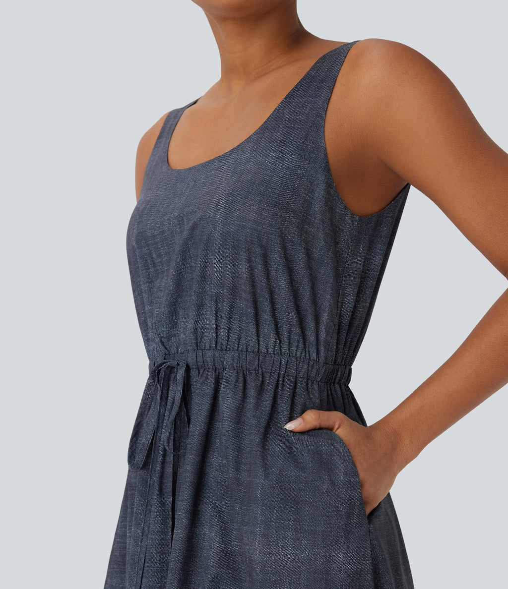 Sleeveless Drawstring Maxi Casual Dress with Pockets