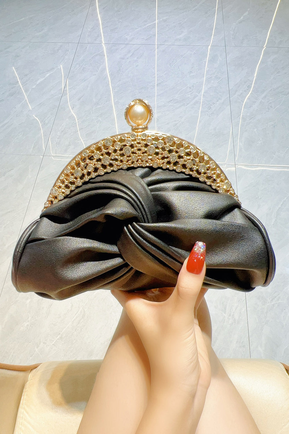 Rhinestone Embellished Ruched PU Leather Evening Clutch Bag