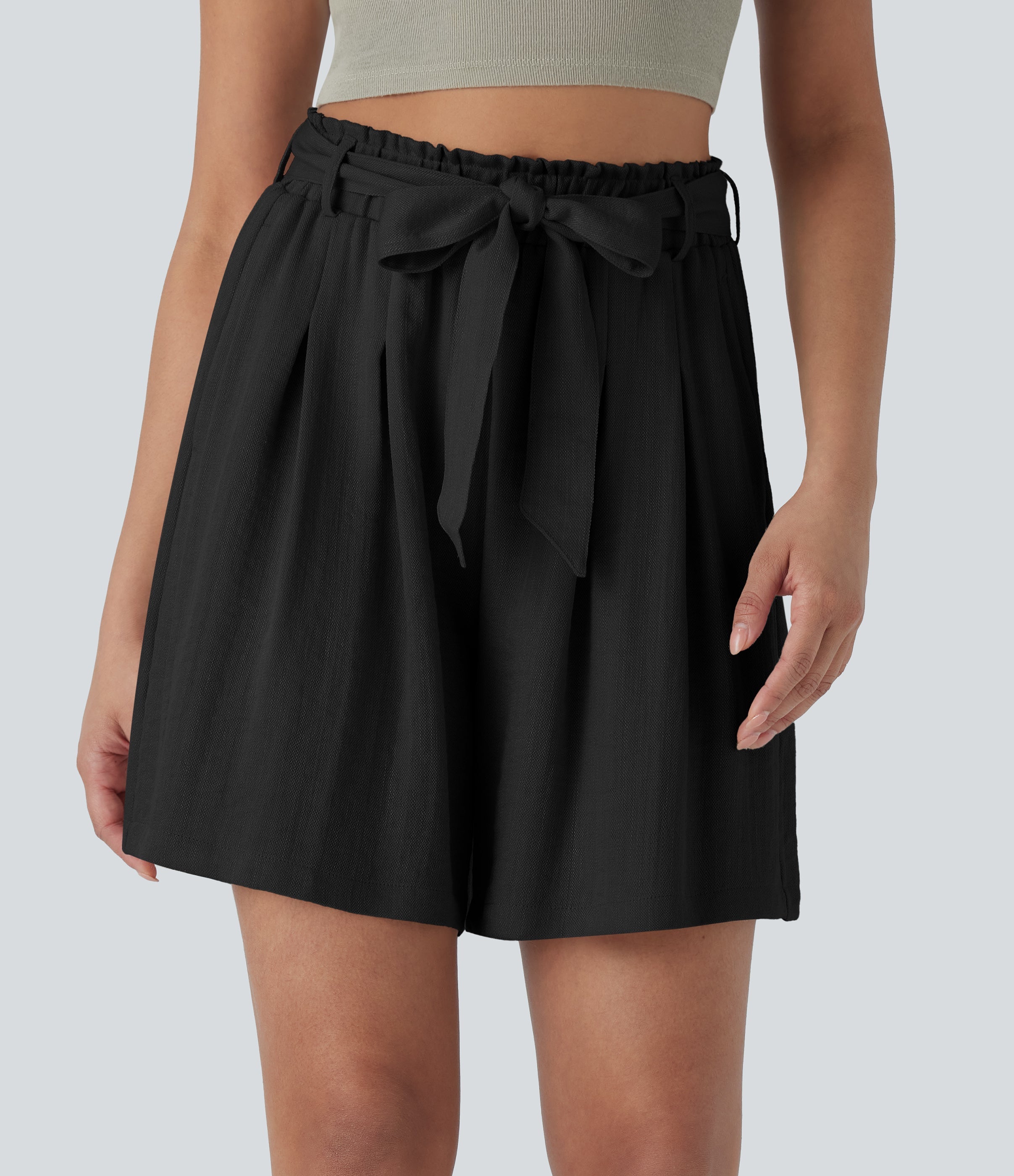 High Waisted Belted Casual Linen-Feel Bermuda Shorts with Pockets