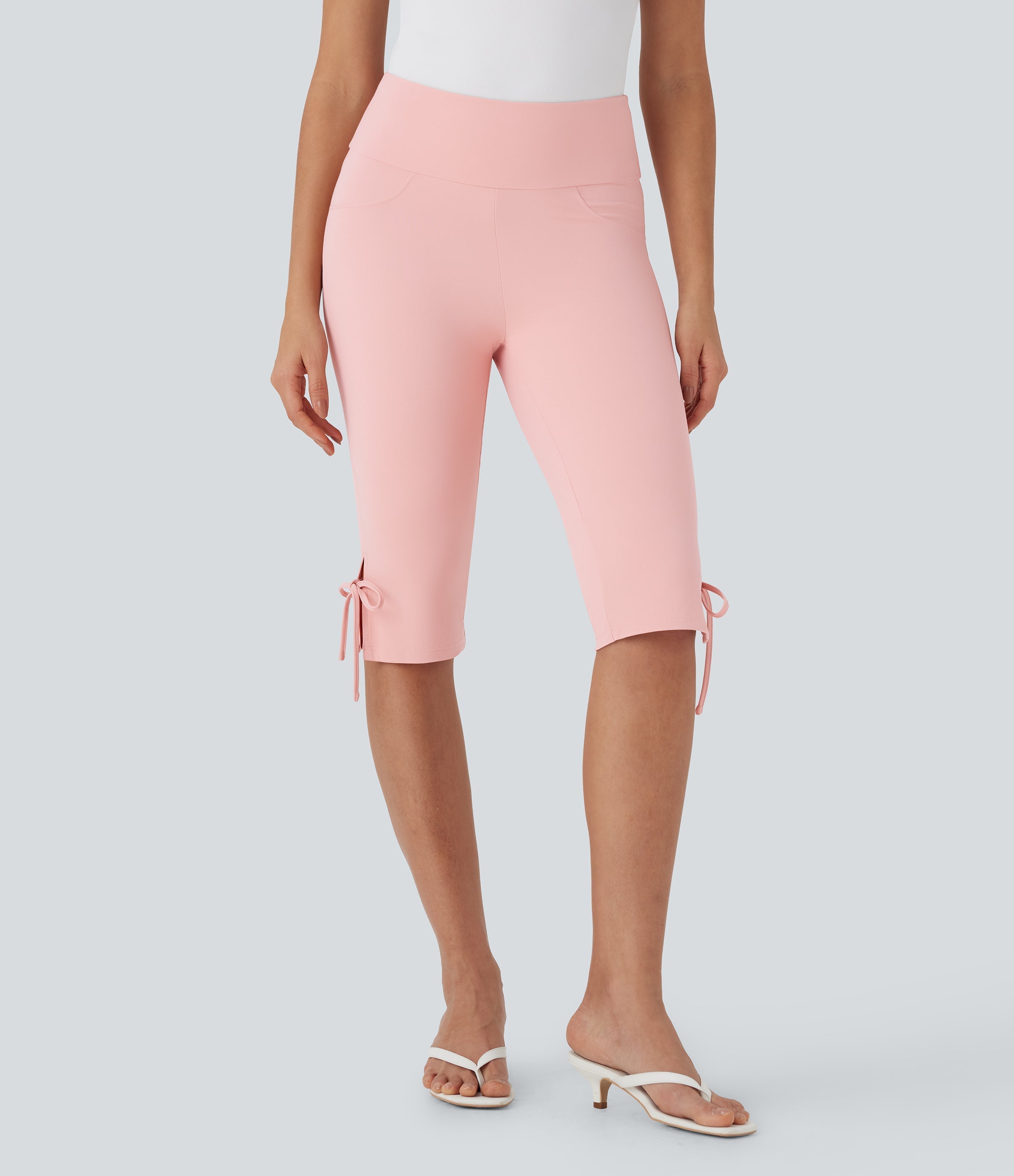 Mid Rise Lace Up Capri Casual Pants with Pockets