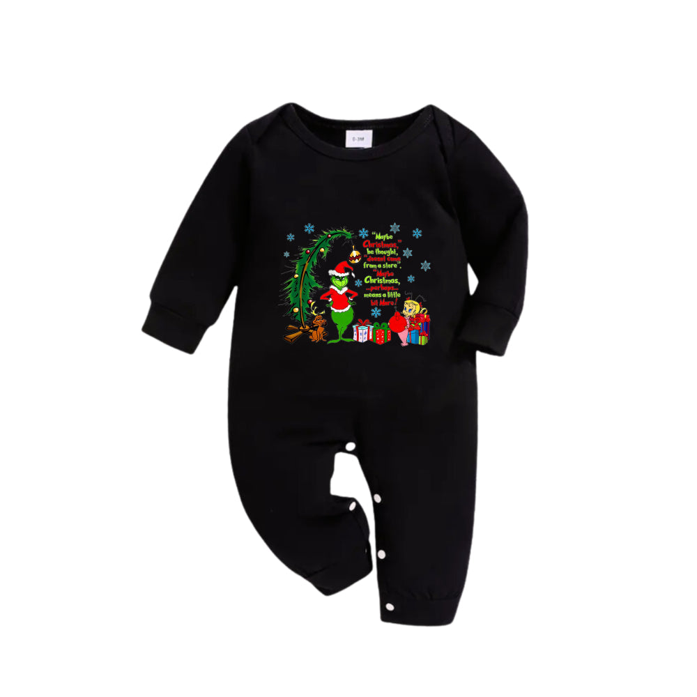 Christmas Family Matching Pajamas-Black Top and Green Plaid Pants Pjs Set with Grinch and Christmas Pattern Print