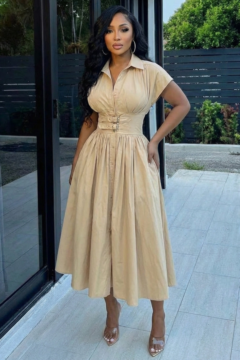 Turndown Collar Cinch Waist Ruched Casual Maxi Dresses-Khaki