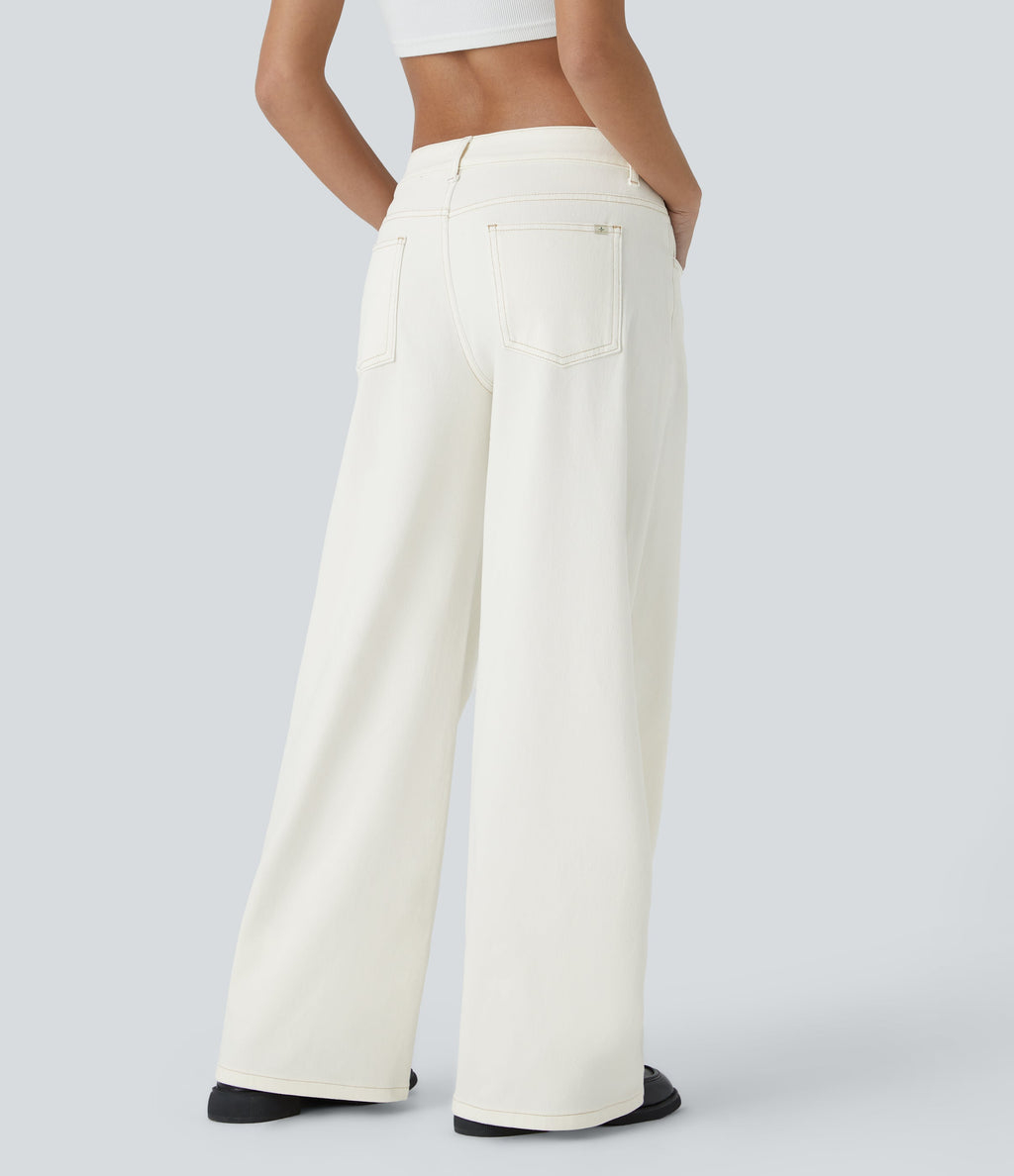 FlexTM Asymmetric Low Rise Zipper Pockets Baggy Wide Leg Washed Casual Jeans