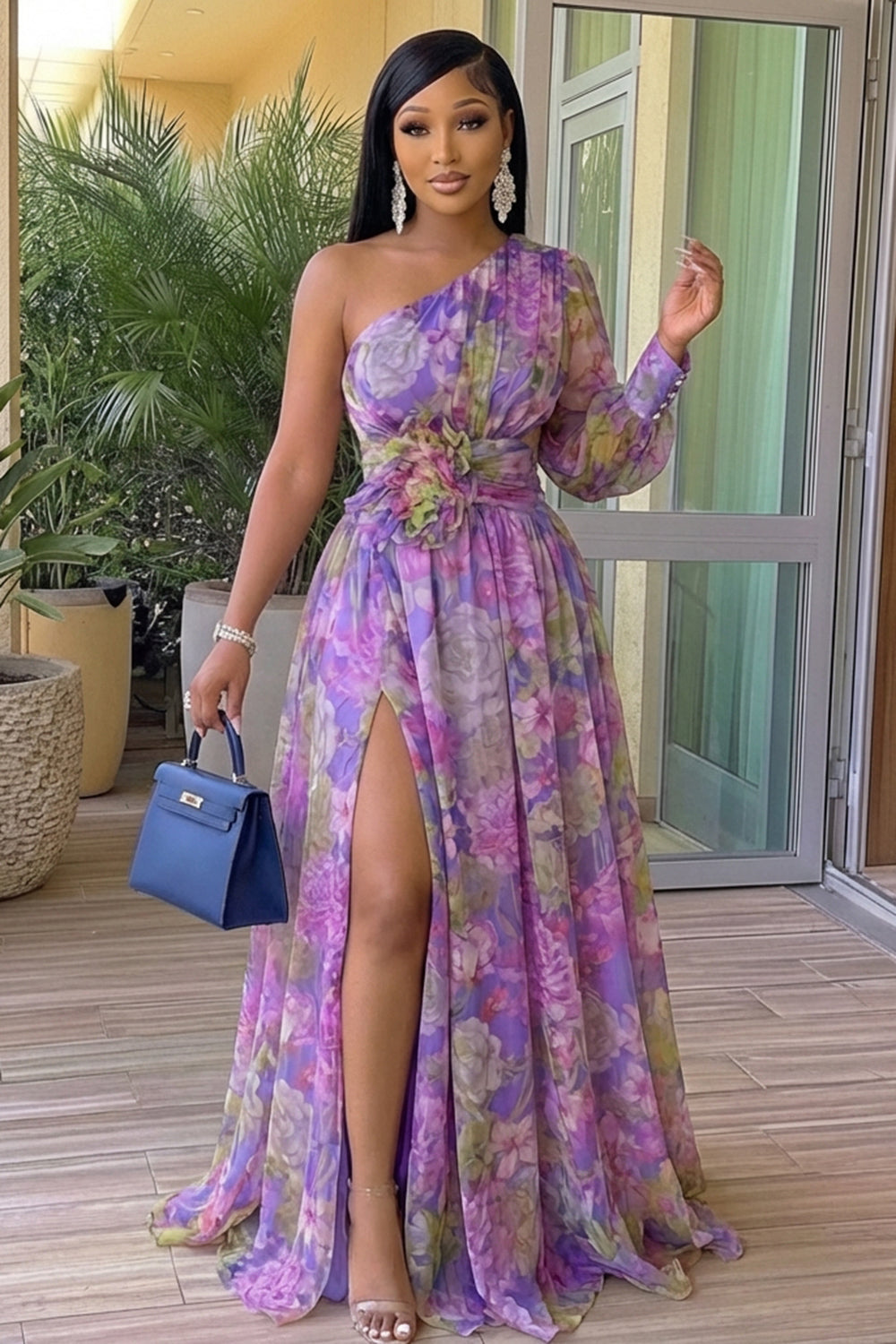 One Shoulder Cinch Waist Floral Vacation Maxi Dresses-Purple