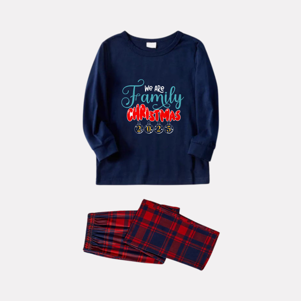 Christmas Family Matching Pajamas-Navy & Red Plaid Pjs Set with "We Are Family Christmas 2025" Print