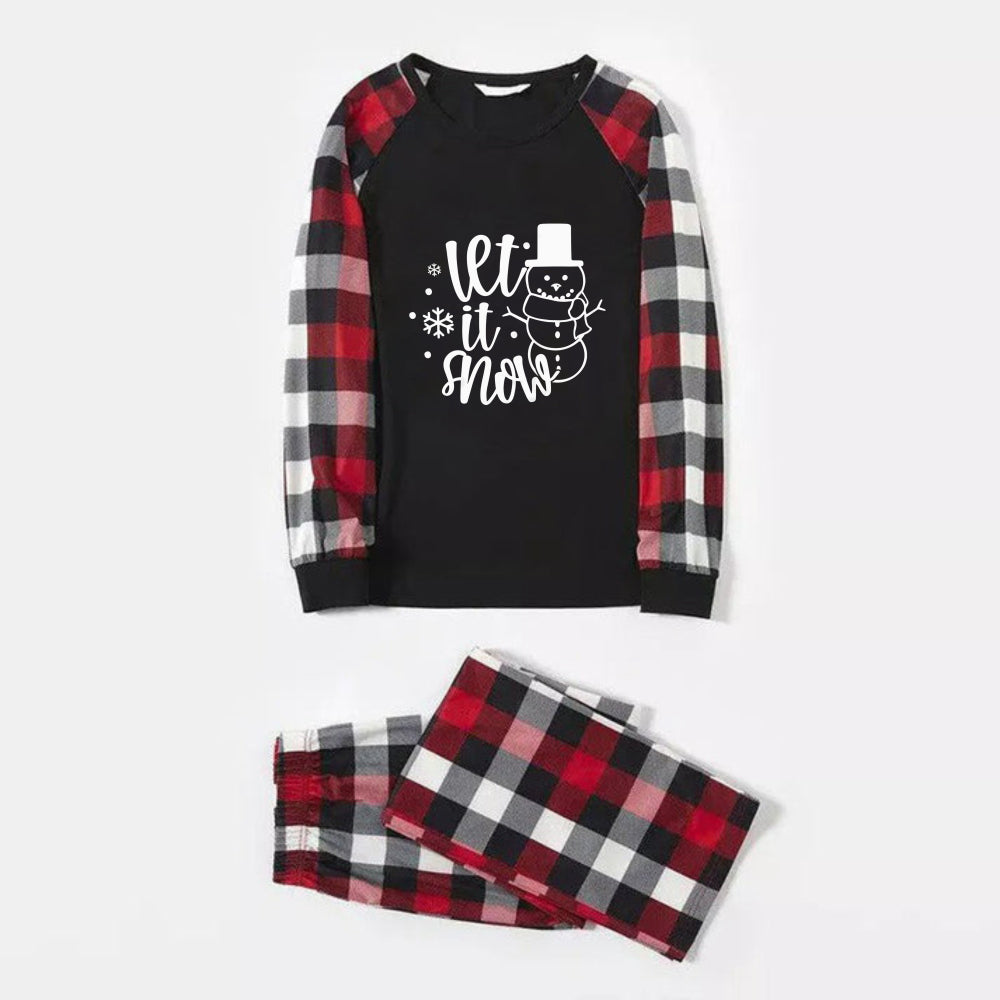 Christmas Family Matching Pajamas-Red and Gray Plaid Pjs set with "Let It Snow" Black & White Text Print