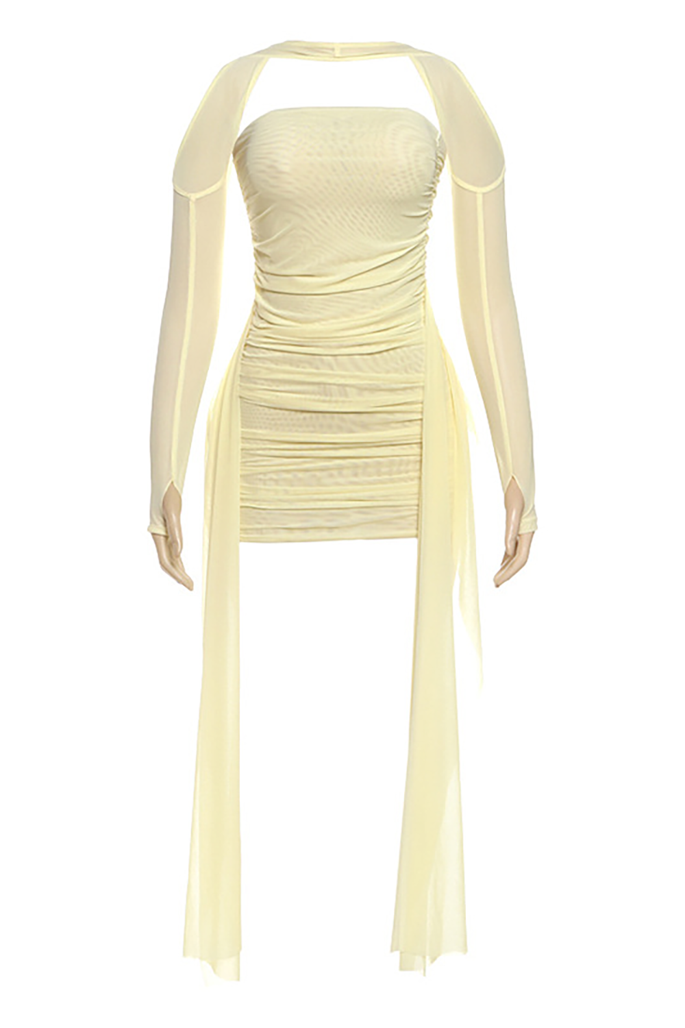 Halter Long Sleeve Solid Color Strapless Ruched Sash Mini Dresses Set-Yellow