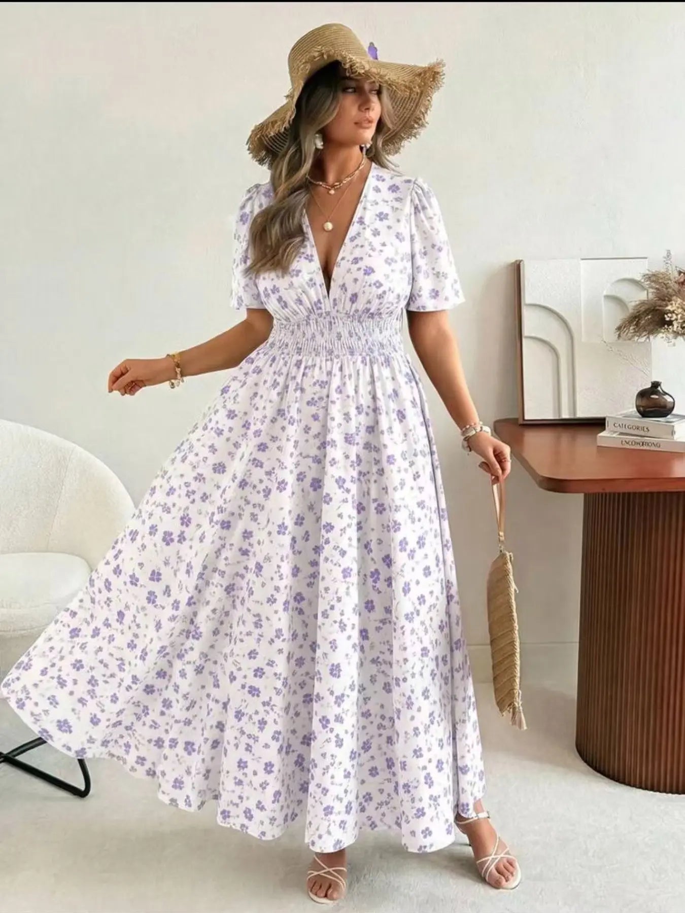 Plus Size French Floral Dress, Deep V Neck Waist Cinch Slimming Short Sleeve Long Dress, Vacation Style, Women's Fashion