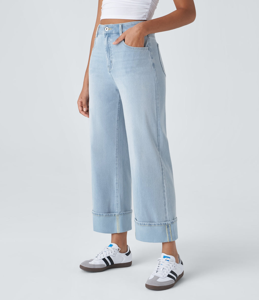 FlexTM High Waisted Multiple Pockets Rolled Hem Wide Leg Washed Stretchy Knit Casual Jeans
