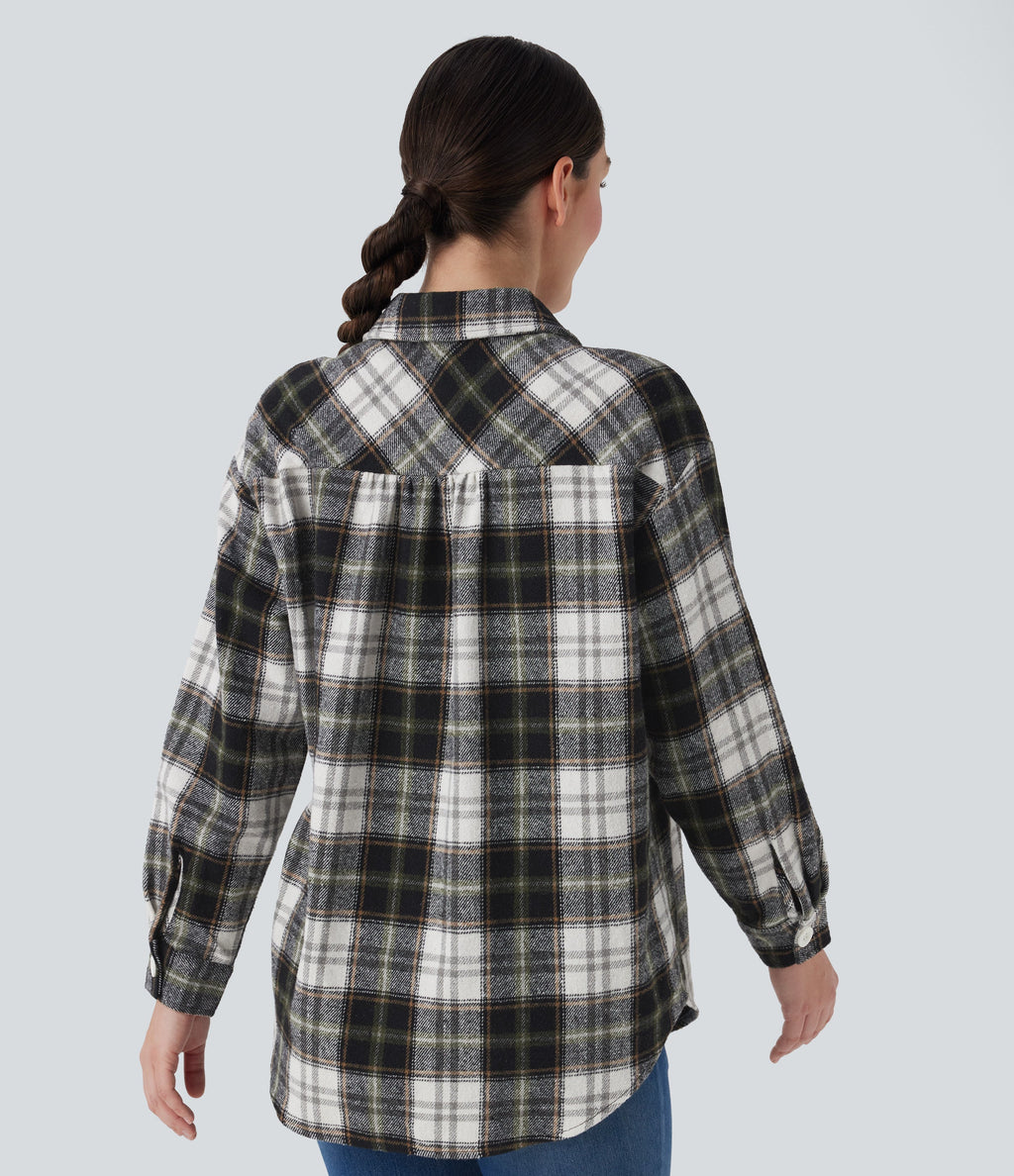 Plaid Curved Hem Casual Shirt Jacket with Flap Pockets