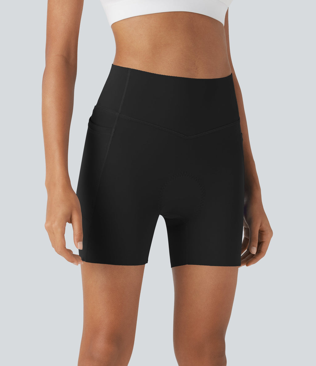 SpeedWaveTM SoCinched High Waisted Antislip Tummy Control Quick Dry Cycling Chamois Padded Biker Shorts 5'' with Pockets