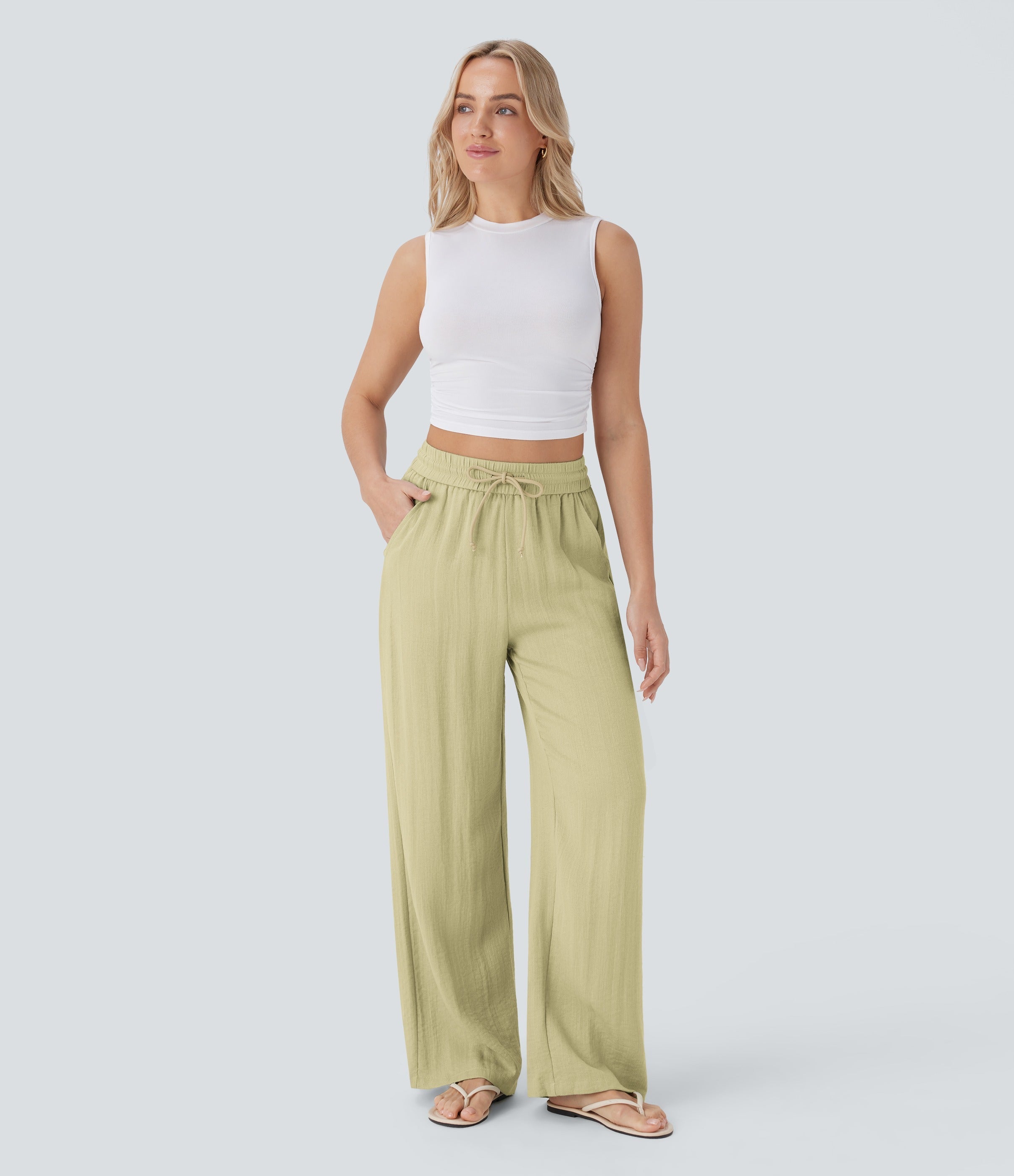2026🔥 High Waisted Drawstring Pocket Wide Leg Casual Linen-Feel Pants