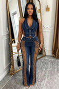 Denim Lace Deep V Neck Sleeveless Top Skinny Pants 2pcs Set-Blue