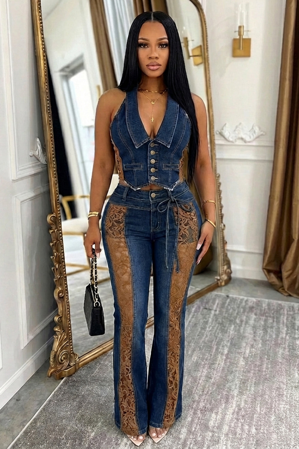 Denim Lace Deep V Neck Sleeveless Top Skinny Pants 2pcs Set-Blue
