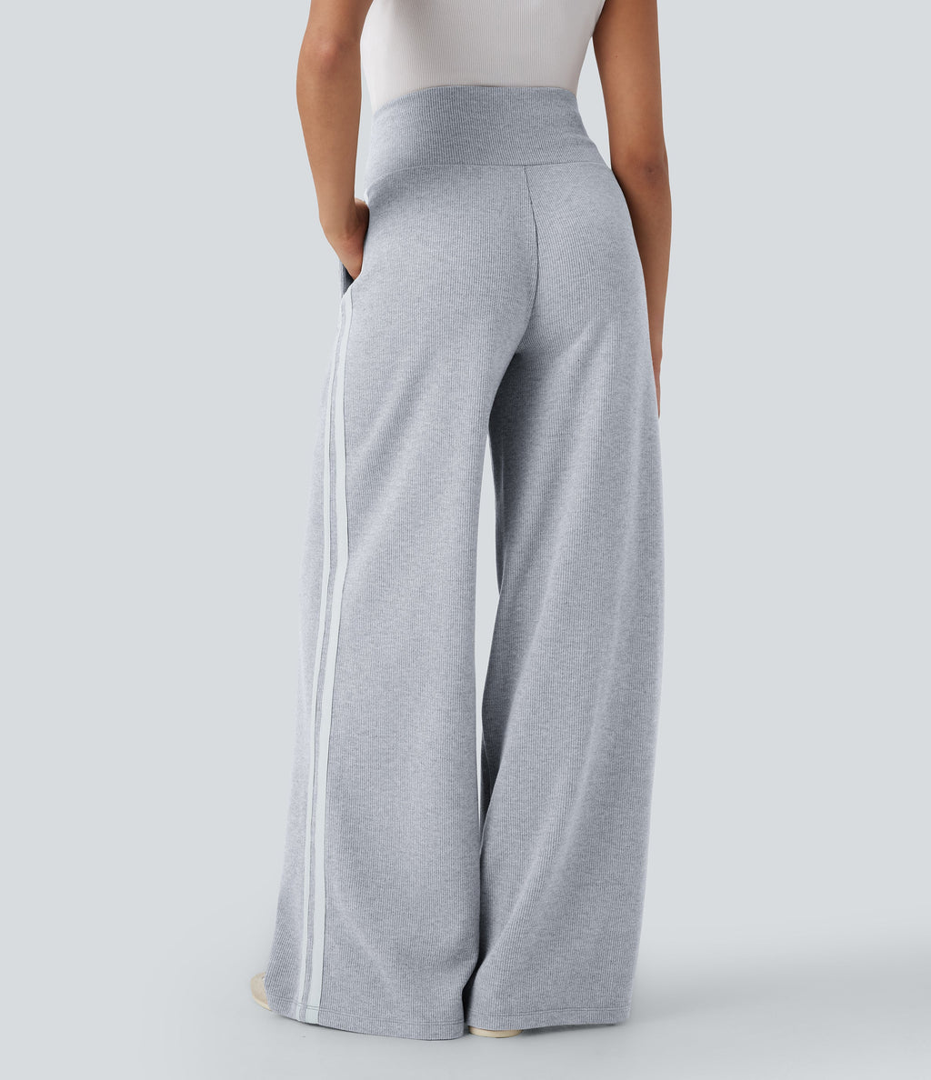 2026🔥 Ribbed SoCinched High Waisted Tummy Control Drawstring Wide Leg Color Block Casual Trousers with Pockets