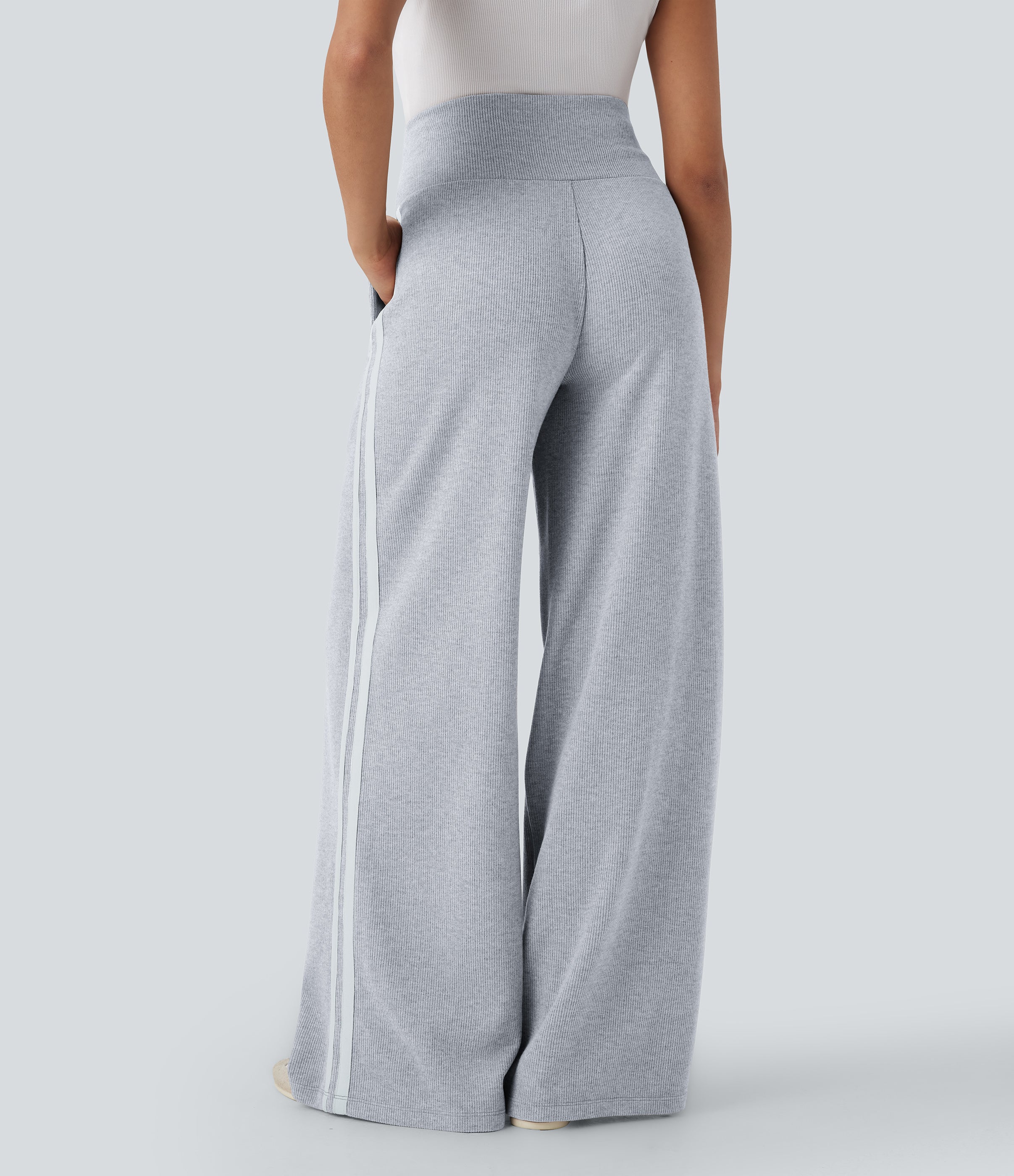 2026🔥 Ribbed SoCinched High Waisted Tummy Control Drawstring Wide Leg Color Block Casual Trousers with Pockets