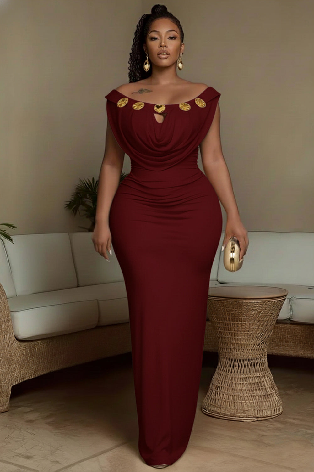 Cowl Boat Neck Alloy Decor Slim-Fit Party Maxi Dresses-Beige