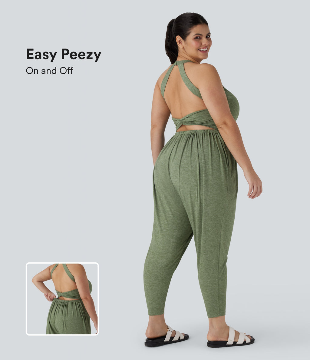 Backless Twisted Harem Casual Plus Size Jumpsuit with Side Pocket-Easy Peezy Edition