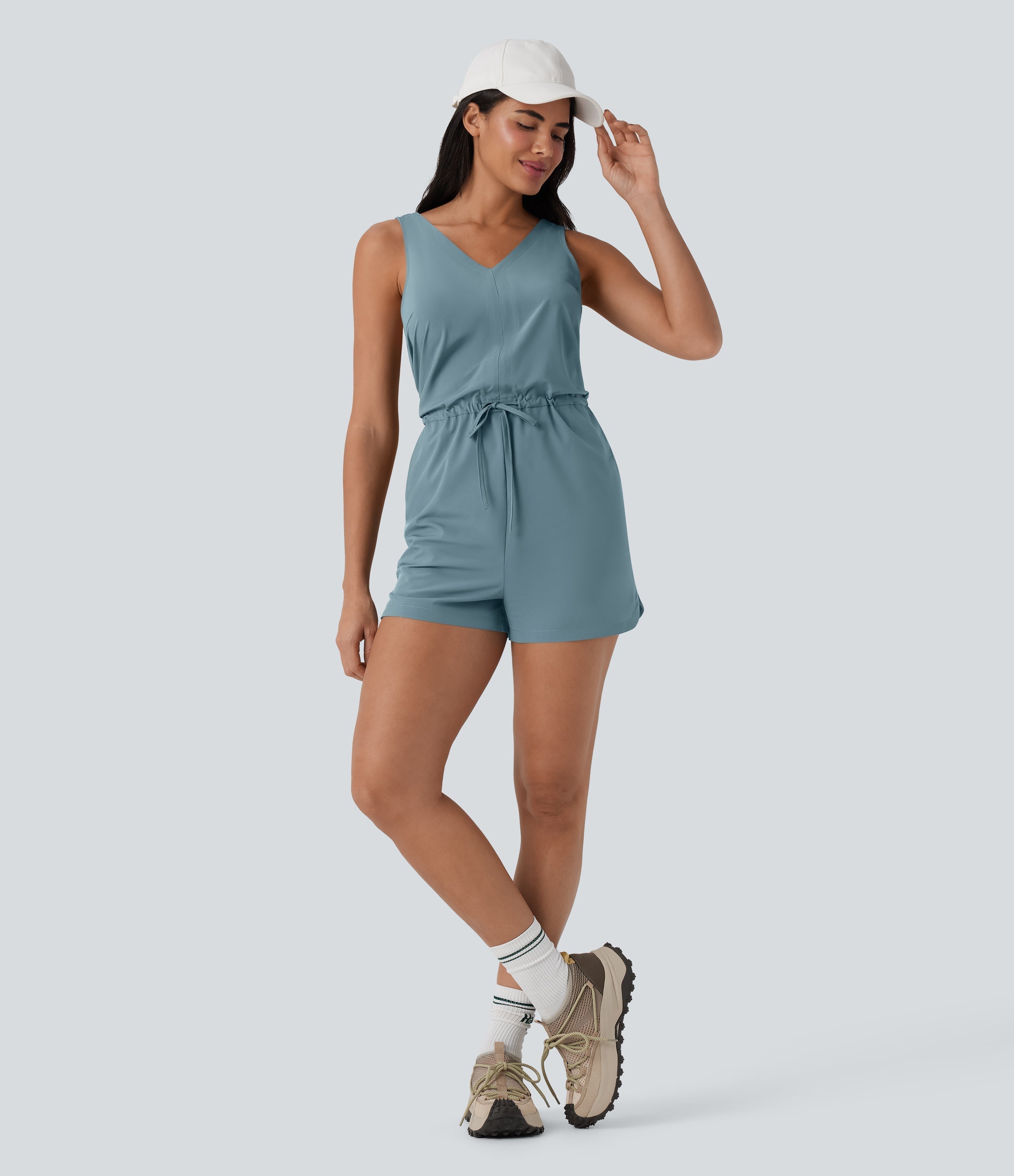 BreezefulTM Sleeveless Cut Out Drawstring Quick Dry Hiking Romper with Pockets