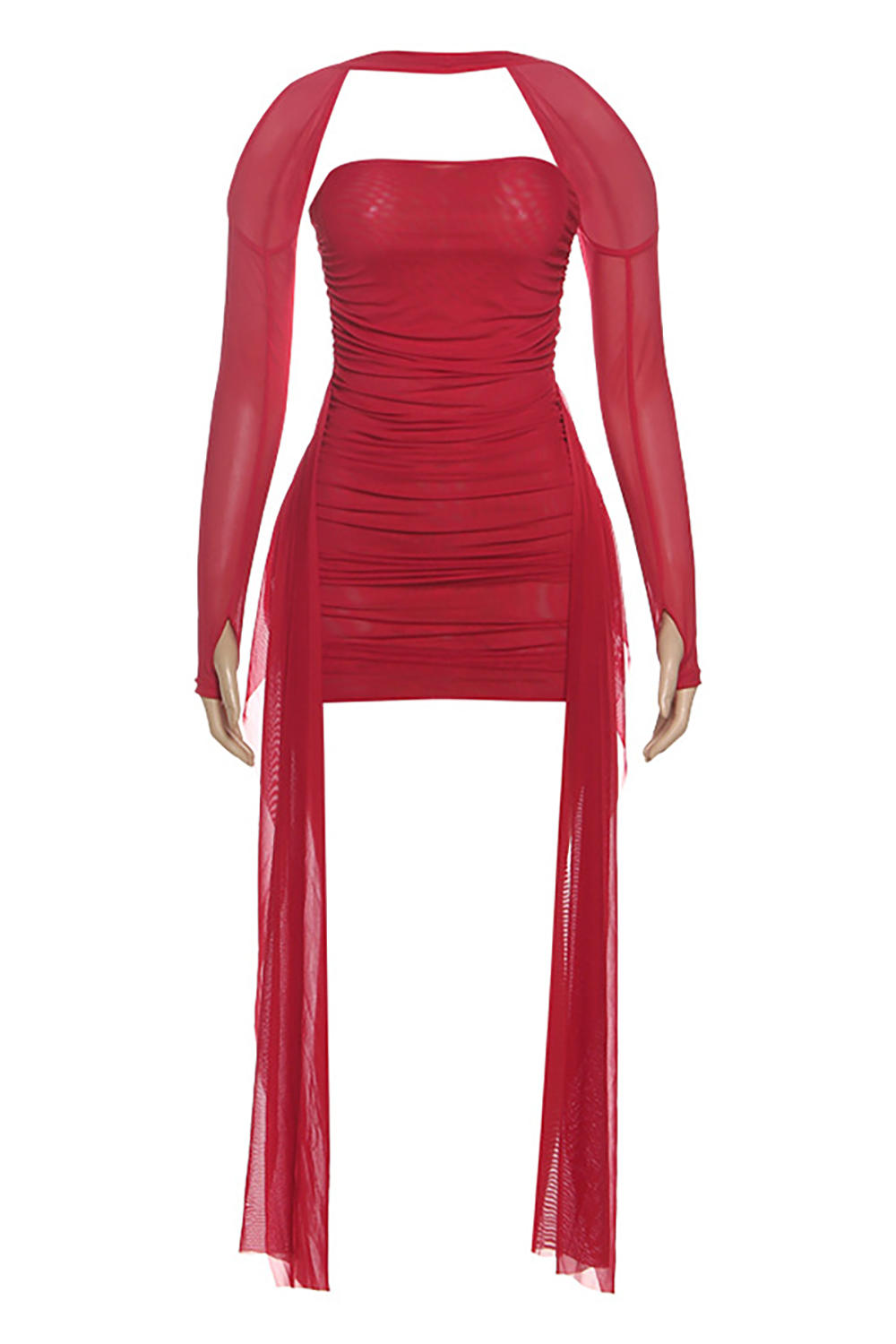Halter Long Sleeve Solid Color Strapless Ruched Sash Mini Dresses Set-Yellow