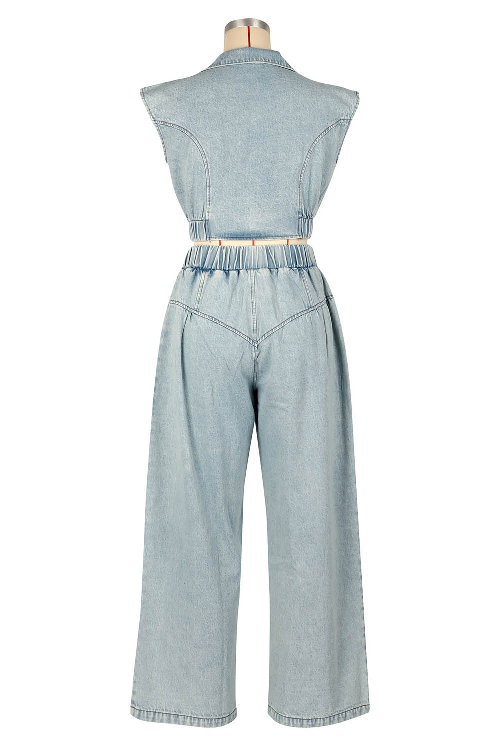 Denim V Neck Sleeveless Zipper Crop Top Wide Leg Pants Casual 2pcs Set-Blue