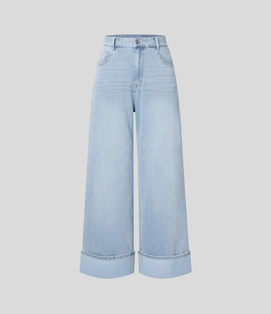 FlexTM High Waisted Multiple Pockets Rolled Hem Wide Leg Washed Stretchy Knit Casual Jeans