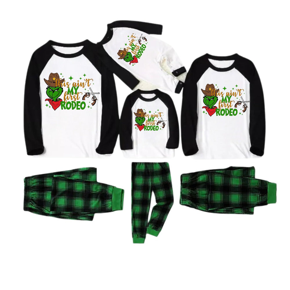 Black Raglan Top Green Plaid Christmas Pajamas Set With Western Grinch Print