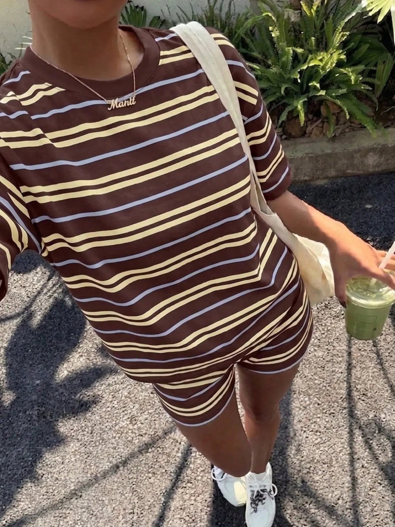 Women's Casual Loose Fit Set, Striped Print Suit, Summer Vacation American Retro Street Style, Perfect for All-Day Home Wear