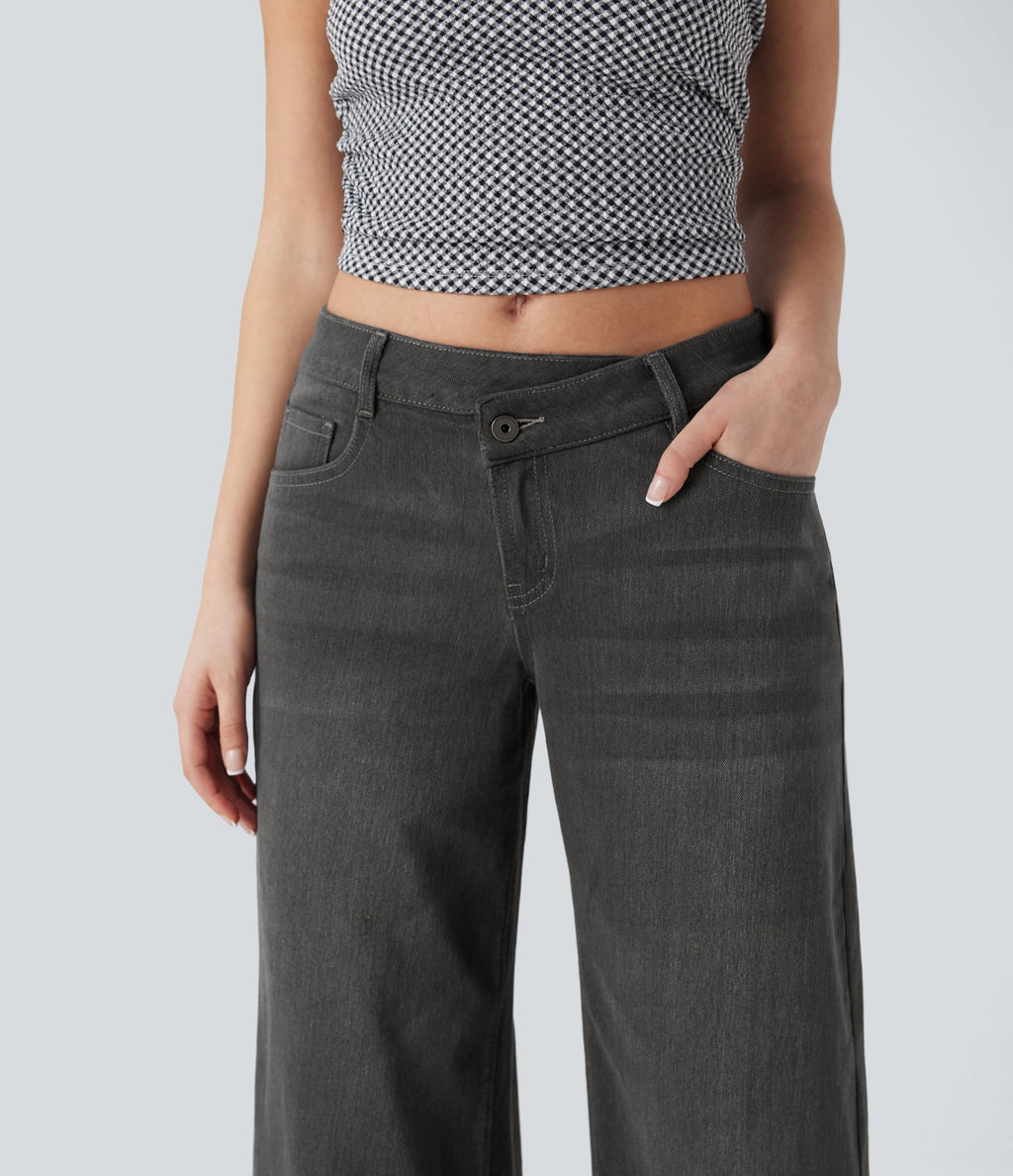 FlexTM Asymmetric Low Rise Zipper Pockets Baggy Wide Leg Washed Casual Jeans