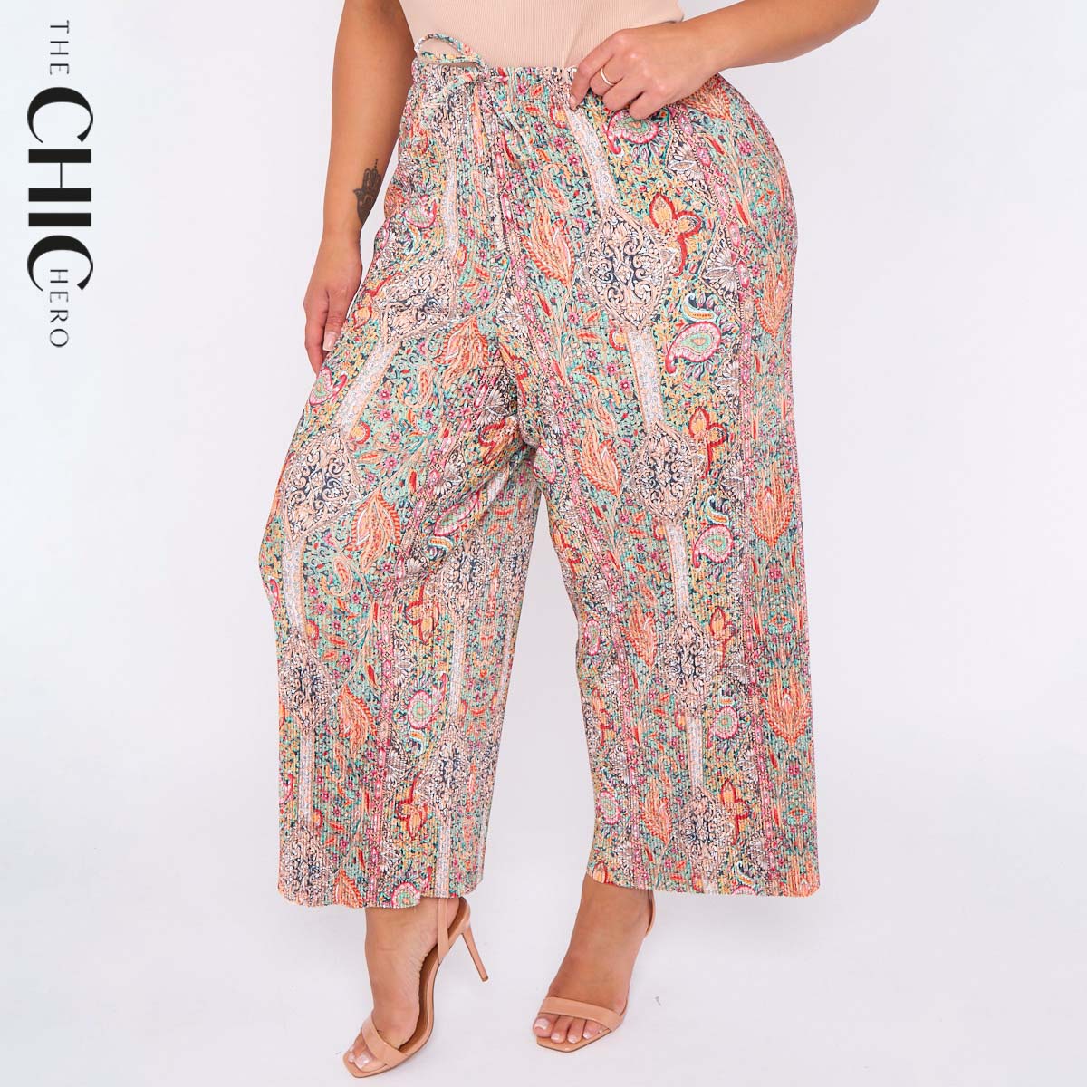Multicolor Paisley Print Abstract Print Wide-Leg Drawstring Palazzo Pleated Pants