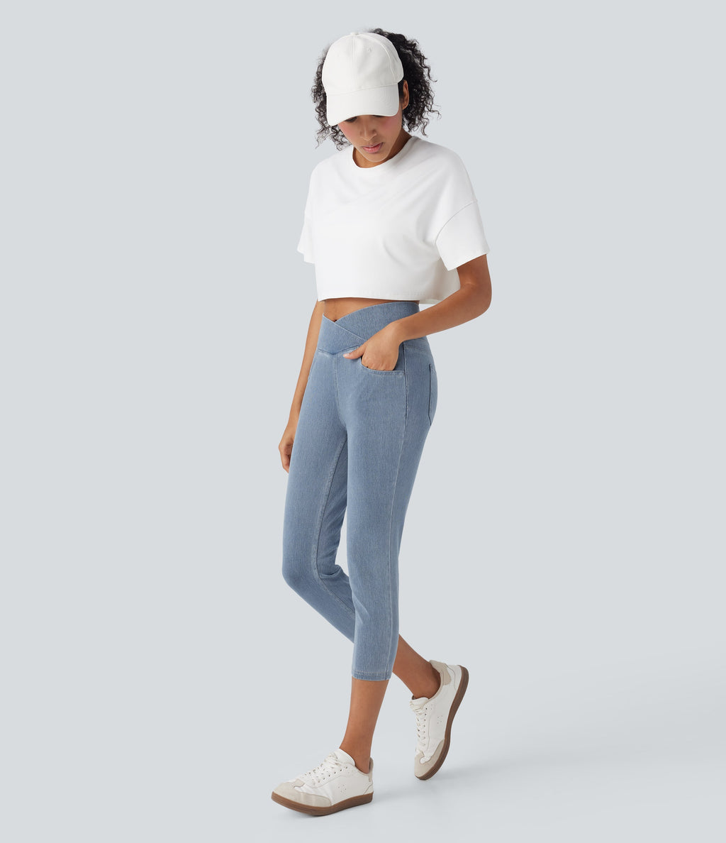 FlexTM Crossover High Waisted Denim Casual Capri Leggings with Pockets