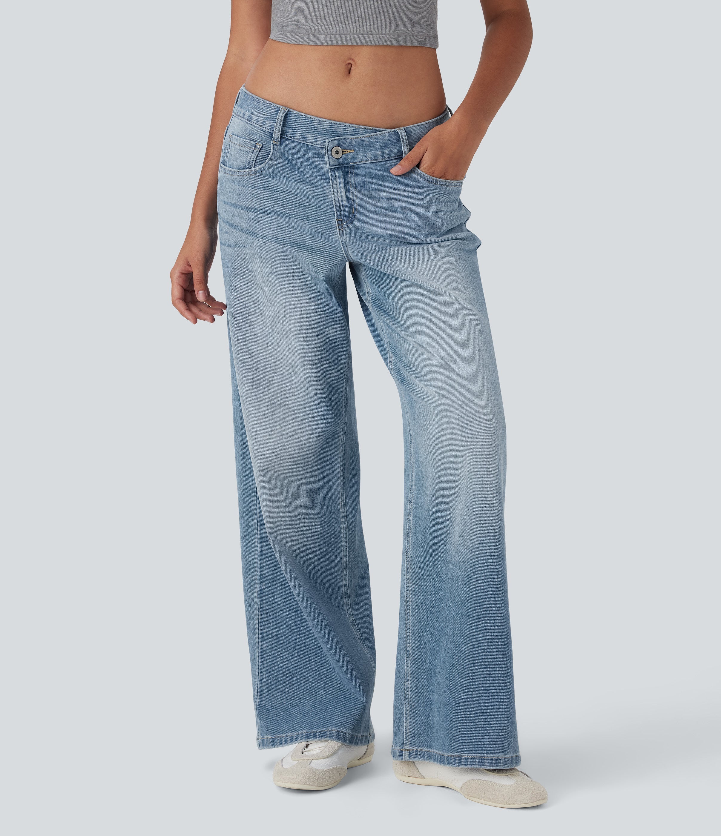 FlexTM Asymmetric Low Rise Zipper Pockets Baggy Wide Leg Washed Casual Jeans