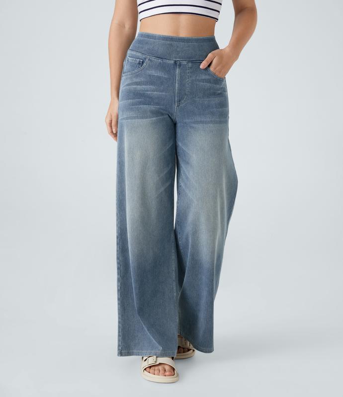 2026🔥 FlexTM High Waisted Multiple Pockets Baggy Wide Leg Washed Stretchy Knit Casual Jeans