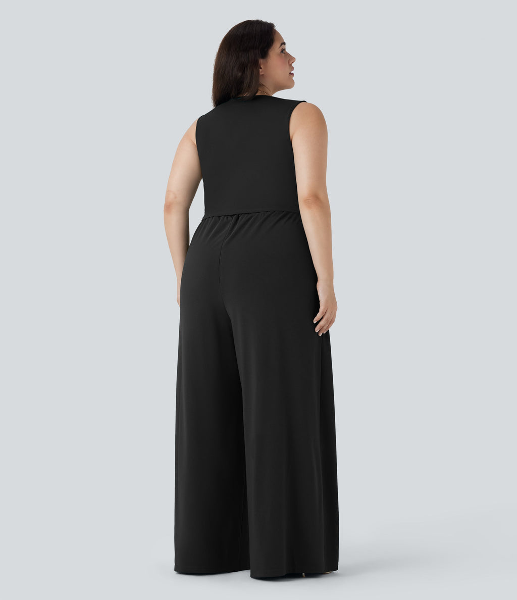 Plus Size V Neck Sleeveless Jumpsuit with Pockets-Easy Peezy Edition