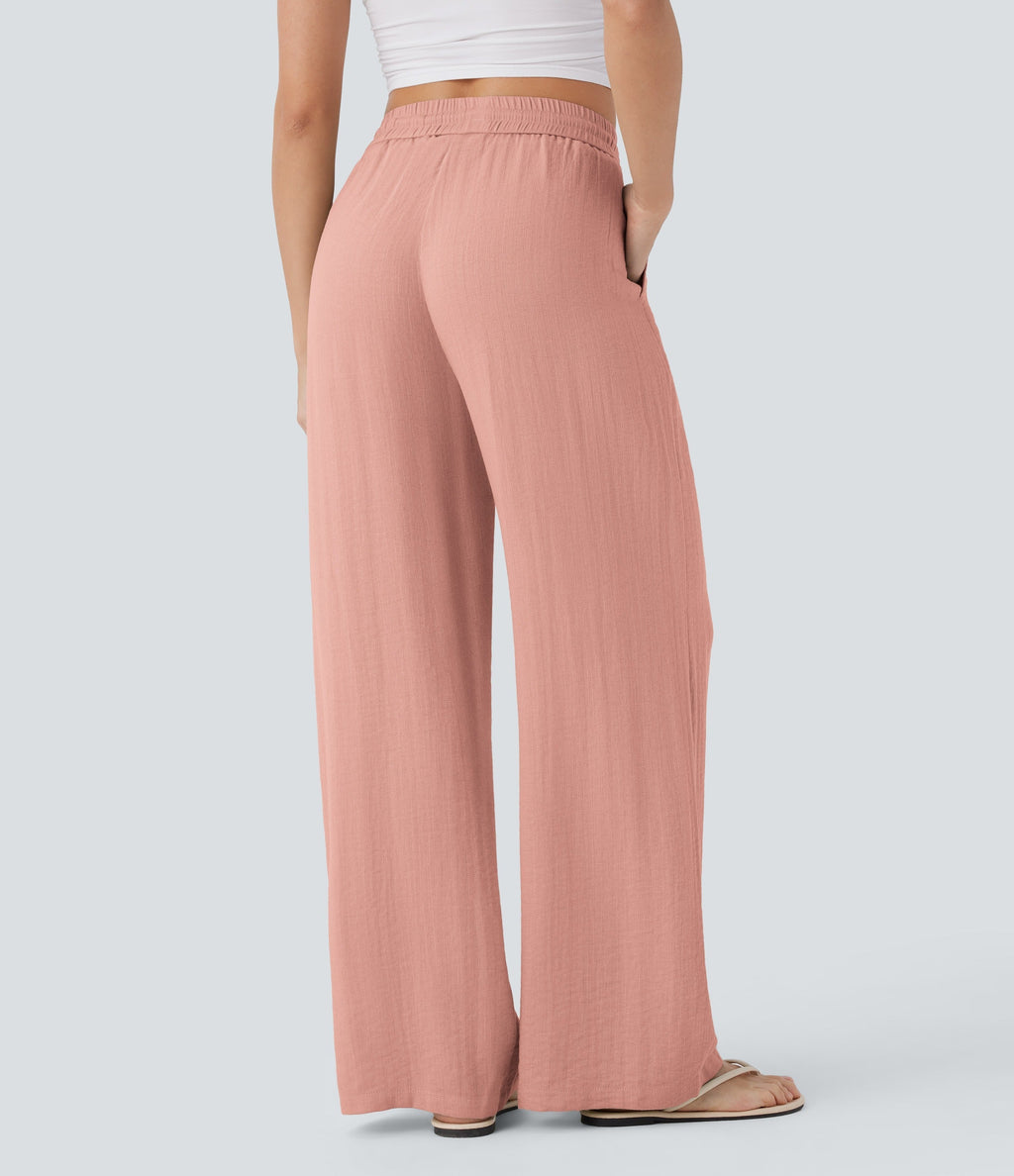 2026🔥 High Waisted Drawstring Pocket Wide Leg Casual Linen-Feel Pants